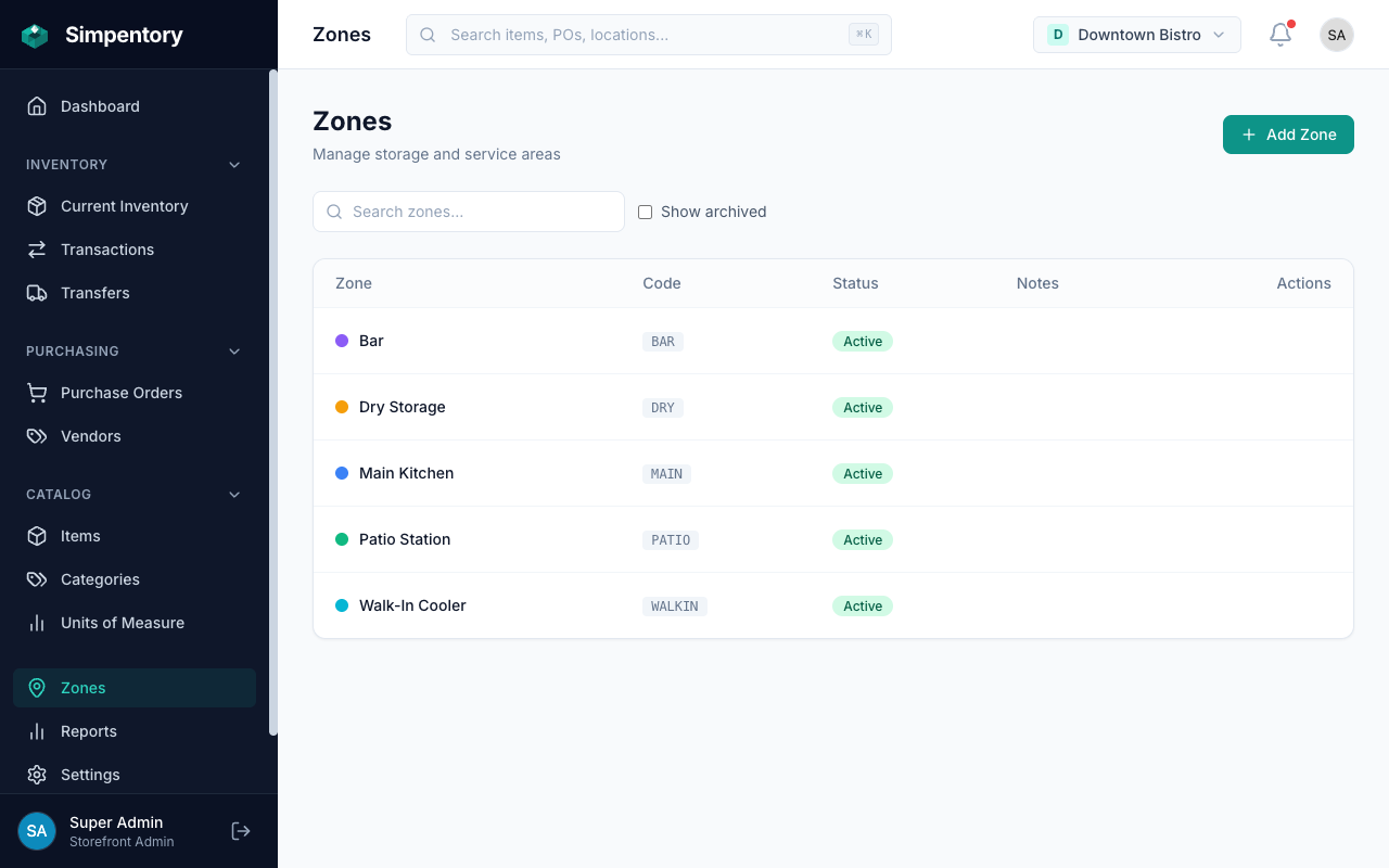 Zones page showing storage areas named for a real operation